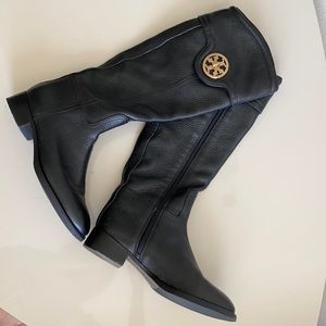 Tory Burch Black Leather Gold Logo Tall Boots